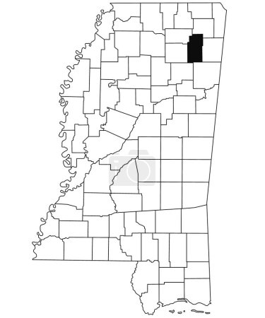 Foto de Mapa del Condado de Lee en el estado de Misisipi sobre fondo blanco. mapa de condado único resaltado por el color negro en el mapa de Mississippi. Estados Unidos, Clayton - Imagen libre de derechos