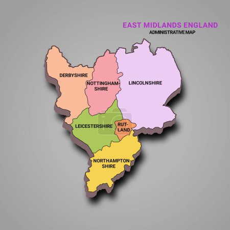 Téléchargez les photos : 3d rendu carte de haute qualité des East Midlands Angleterre est une région de l'Angleterre, avec des frontières des comtés cérémoniels, texte et différentes couleurs. - en image libre de droit