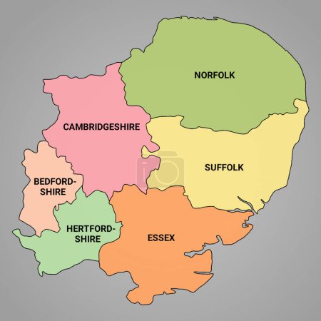 Téléchargez les photos : Carte de rendu 3d de l'Est de l'Angleterre est une région de l'Angleterre, avec des frontières des comtés cérémoniels et différentes couleurs. - en image libre de droit