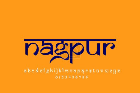 Téléchargez les photos : Indian City nagpur conception de texte. Design de police style indien, alphabet inspiré de Devanagari, lettres et chiffres, illustration. - en image libre de droit