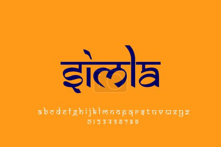 Foto de Diseño de texto de Indian City Simla. Diseño de fuente estilo indio latino, alfabeto inspirado en Devanagari, letras y números, ilustración. - Imagen libre de derechos