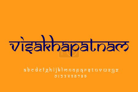 Foto de Indian City vishakhapatnam text design. Diseño de fuente estilo indio latino, alfabeto inspirado en Devanagari, letras y números, ilustración. - Imagen libre de derechos
