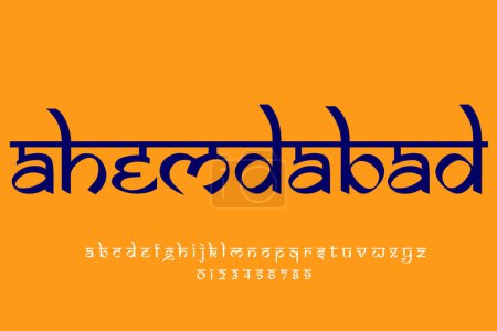 Téléchargez les photos : Indian City ahemdabad conception de texte. Design de police style indien, alphabet inspiré de Devanagari, lettres et chiffres, illustration. - en image libre de droit