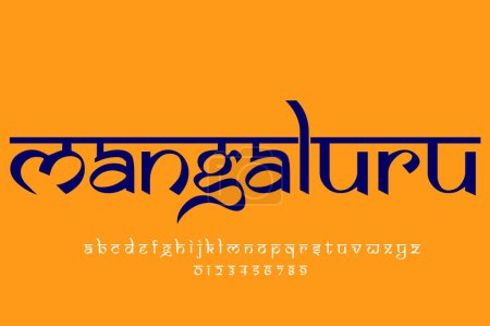 Foto de Ciudad india mangaluru diseño de texto. Diseño de fuente estilo indio latino, alfabeto inspirado en Devanagari, letras y números, ilustración. - Imagen libre de derechos