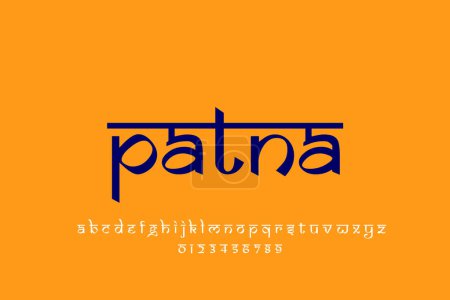 Foto de Diseño de texto de Indian City Patna. Diseño de fuente estilo indio latino, alfabeto inspirado en Devanagari, letras y números, ilustración. - Imagen libre de derechos