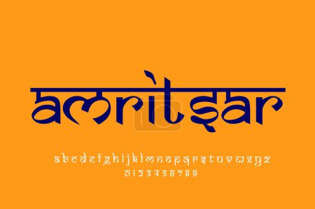 Téléchargez les photos : Indian City Amritsar conception de texte. Design de police style indien, alphabet inspiré de Devanagari, lettres et chiffres, illustration. - en image libre de droit