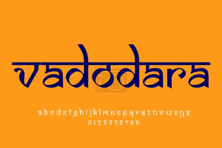 Foto de Ciudad india vadodara diseño de texto. Diseño de fuente estilo indio latino, alfabeto inspirado en Devanagari, letras y números, ilustración. - Imagen libre de derechos