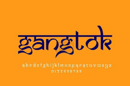 Téléchargez les photos : Indian City Gangtok conception de texte. Design de police style indien, alphabet inspiré de Devanagari, lettres et chiffres, illustration. - en image libre de droit