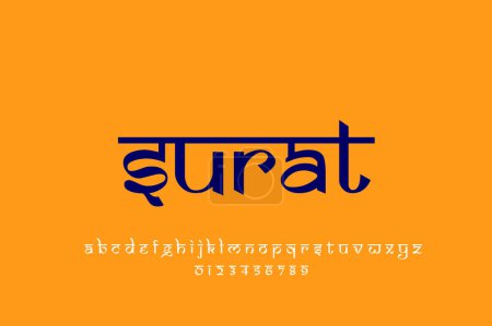 Foto de Indian City Surat diseño de texto. Diseño de fuente estilo indio latino, alfabeto inspirado en Devanagari, letras y números, ilustración. - Imagen libre de derechos