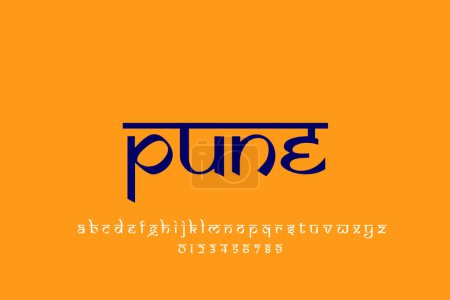 Foto de Diseño de texto de Indian City Pune. Diseño de fuente estilo indio latino, alfabeto inspirado en Devanagari, letras y números, ilustración. - Imagen libre de derechos