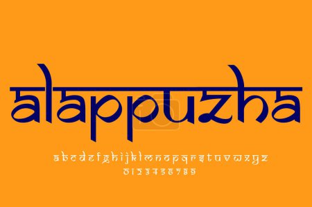 Foto de Ciudad india Alappuzha diseño de texto. Diseño de fuente estilo indio latino, alfabeto inspirado en Devanagari, letras y números, ilustración. - Imagen libre de derechos