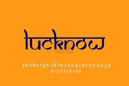 Foto de Indian City lucknow diseño de texto. Diseño de fuente estilo indio latino, alfabeto inspirado en Devanagari, letras y números, ilustración. - Imagen libre de derechos