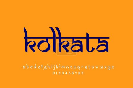 Téléchargez les photos : Indian City Kolkata conception de texte. Design de police style indien, alphabet inspiré de Devanagari, lettres et chiffres, illustration. - en image libre de droit