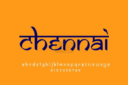 Foto de Diseño de texto de Indian City Chennai. Diseño de fuente estilo indio latino, alfabeto inspirado en Devanagari, letras y números, ilustración. - Imagen libre de derechos