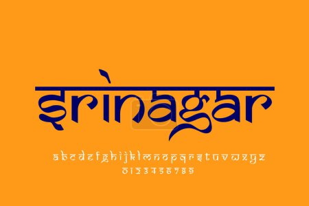 Foto de Indian City Srinagar diseño de texto. Diseño de fuente estilo indio latino, alfabeto inspirado en Devanagari, letras y números, ilustración. - Imagen libre de derechos