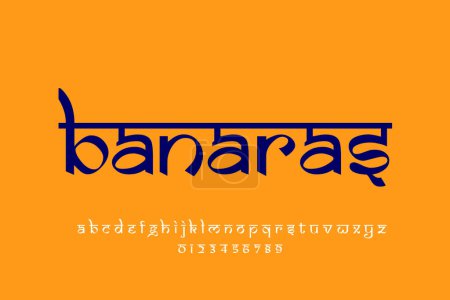 Téléchargez les photos : Indian City Banaras conception de texte. Design de police style indien, alphabet inspiré de Devanagari, lettres et chiffres, illustration. - en image libre de droit