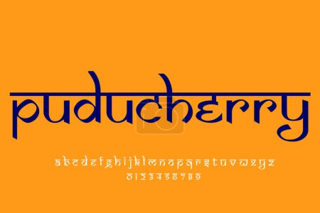 Foto de Indian City puducherry text design. Diseño de fuente estilo indio latino, alfabeto inspirado en Devanagari, letras y números, ilustración. - Imagen libre de derechos
