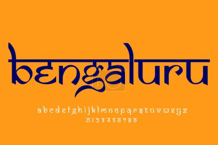 Foto de Ciudad india Bengaluru diseño de texto. Diseño de fuente estilo indio latino, alfabeto inspirado en Devanagari, letras y números, ilustración. - Imagen libre de derechos