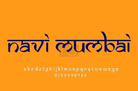 Foto de Indian City Navi Mumbai text design. Diseño de fuente estilo indio latino, alfabeto inspirado en Devanagari, letras y números, ilustración. - Imagen libre de derechos