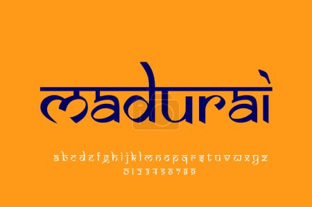 Foto de Ciudad india madurai diseño de texto. Diseño de fuente estilo indio latino, alfabeto inspirado en Devanagari, letras y números, ilustración. - Imagen libre de derechos