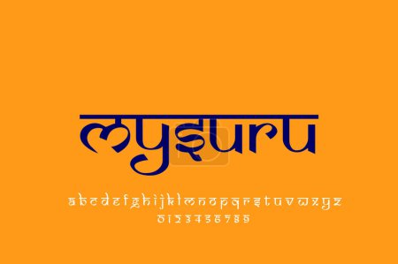 Foto de Diseño de texto de Indian City Mysore. Diseño de fuente estilo indio latino, alfabeto inspirado en Devanagari, letras y números, ilustración. - Imagen libre de derechos