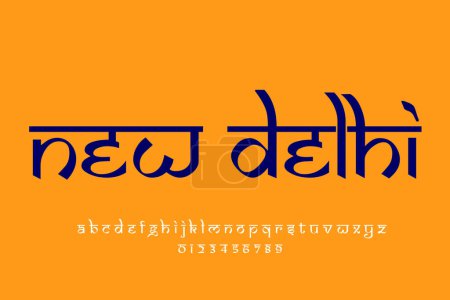 Foto de Ciudad india Nueva Delhi diseño de texto. Diseño de fuente estilo indio latino, alfabeto inspirado en Devanagari, letras y números, ilustración. - Imagen libre de derechos