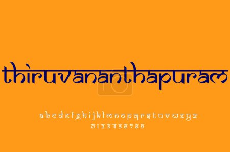Foto de Indian City Thiruvananthapuram text design. Diseño de fuente estilo indio latino, alfabeto inspirado en Devanagari, letras y números, ilustración. - Imagen libre de derechos