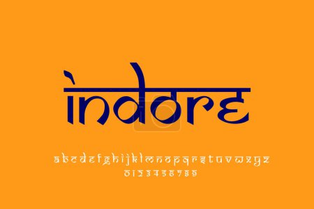 Foto de Indian City Indore text design. Diseño de fuente estilo indio latino, alfabeto inspirado en Devanagari, letras y números, ilustración. - Imagen libre de derechos