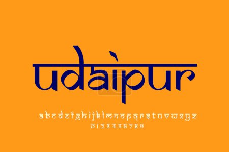 Foto de Ciudad india udaipur diseño de texto. Diseño de fuente estilo indio latino, alfabeto inspirado en Devanagari, letras y números, ilustración. - Imagen libre de derechos