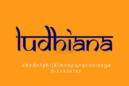 Foto de Ciudad india Ludhiana diseño de texto. Diseño de fuente estilo indio latino, alfabeto inspirado en Devanagari, letras y números, ilustración. - Imagen libre de derechos