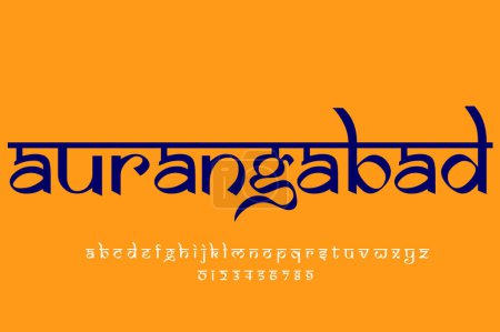 Foto de Indian City Aurangabad text design. Diseño de fuente estilo indio latino, alfabeto inspirado en Devanagari, letras y números, ilustración. - Imagen libre de derechos