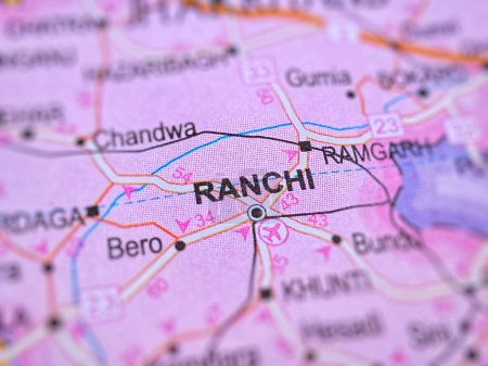 Ranchi on a map of India with blur effect.