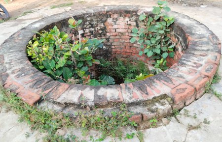 Photo for The old water well constructed of stone in the background of field and trees in India. Old well made of red bricks located in village - Royalty Free Image