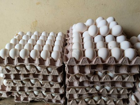Téléchargez les photos : Œufs frais entiers de plateau en papier provenant de l'élevage de poules dans l'emballage qui a conservé pour la vente en gros et au détail
. - en image libre de droit