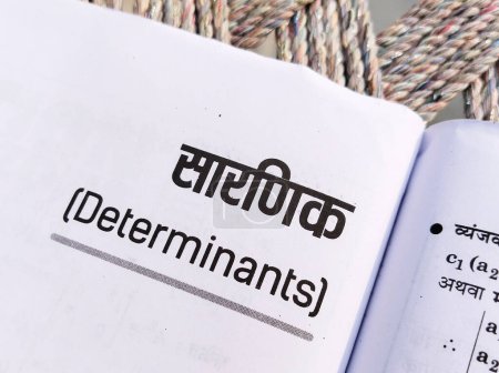 Téléchargez les photos : Nom du chapitre "Déterminants" des mathématiques indiennes livre intermédiaire écrit en hindi et en anglais - en image libre de droit