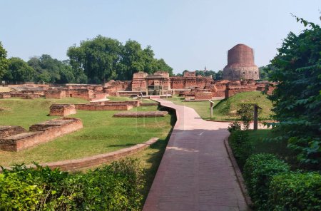 Photo for Dhamekh Stupa and ruins in Sarnath, India - Royalty Free Image