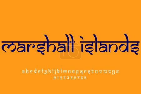 Country Marshall Islands text design. Indian style Latin font design, Devanagari inspired alphabet, letters and numbers, illustration.