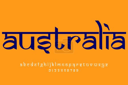 Land Australien Textgestaltung. Lateinisches Schriftdesign im indischen Stil, von Devanagari inspiriertes Alphabet, Buchstaben und Zahlen, Illustration.