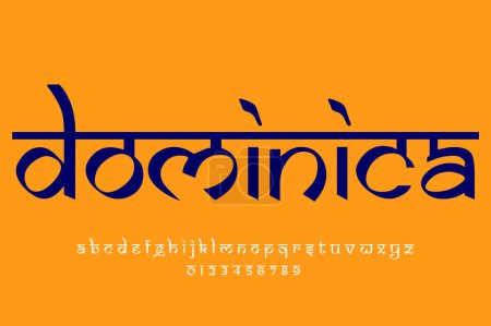 País de América del Norte Dominica nombre diseño de texto. Diseño de fuente estilo indio latino, alfabeto inspirado en Devanagari, letras y números, ilustración.