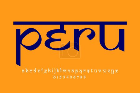South American country Peru name text design. Indian style Latin font design, Devanagari inspired alphabet, letters and numbers, illustration.
