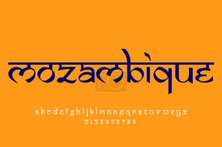país Mozambique diseño de texto. Diseño de fuente estilo indio latino, alfabeto inspirado en Devanagari, letras y números, ilustración.
