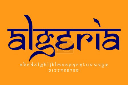 país Argelia diseño de texto. Diseño de fuente estilo indio latino, alfabeto inspirado en Devanagari, letras y números, ilustración.