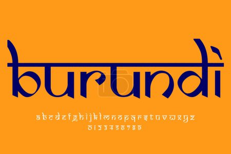 pays Burundi text design. Design de police style indien, alphabet inspiré de Devanagari, lettres et chiffres, illustration.