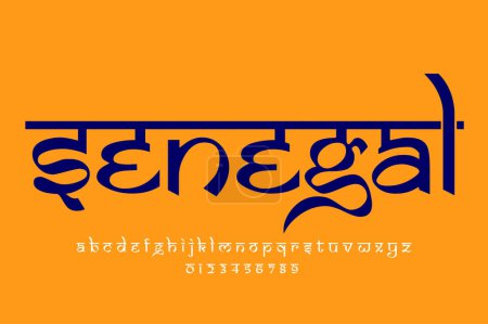 país Senegal diseño de texto. Diseño de fuente estilo indio latino, alfabeto inspirado en Devanagari, letras y números, ilustración.
