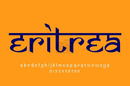 Land Eritrea Textgestaltung. Lateinisches Schriftdesign im indischen Stil, von Devanagari inspiriertes Alphabet, Buchstaben und Zahlen, Illustration.