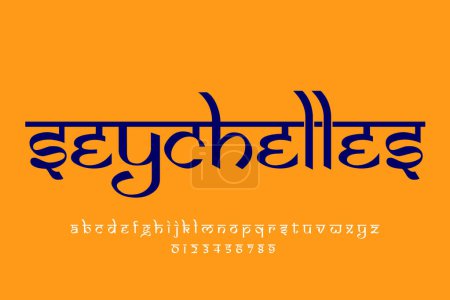 Land Seychellen Textgestaltung. Lateinisches Schriftdesign im indischen Stil, von Devanagari inspiriertes Alphabet, Buchstaben und Zahlen, Illustration.