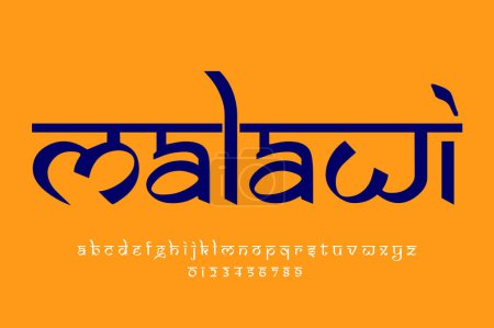 Land Malawi Textgestaltung. Lateinisches Schriftdesign im indischen Stil, von Devanagari inspiriertes Alphabet, Buchstaben und Zahlen, Illustration.