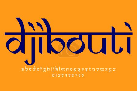 país Djibouti diseño de texto. Diseño de fuente estilo indio latino, alfabeto inspirado en Devanagari, letras y números, ilustración.