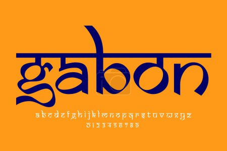 country Gabon text design. Indian style Latin font design, Devanagari inspired alphabet, letters and numbers, illustration.