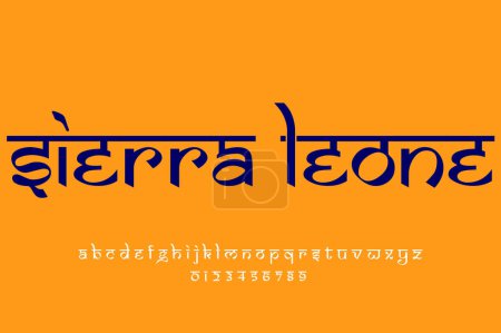 país sierra diseño de texto Leone. Diseño de fuente estilo indio latino, alfabeto inspirado en Devanagari, letras y números, ilustración.